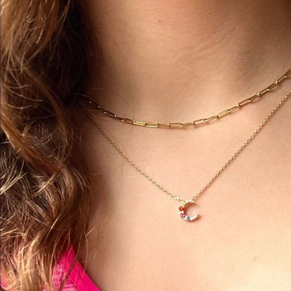 14K Yellow Gold Mini Diamond and Sapphire Crescent Moon Necklace - Picture 3 of 7